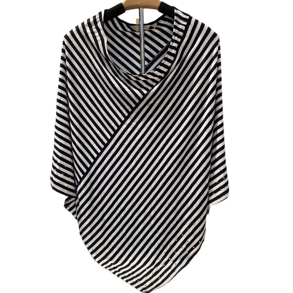 Soft Surroundings S/M Navy Striped Pullover Shawl Top Layer w gold accents 15050